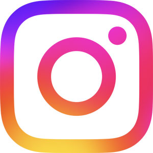 Instagram logo with a color gradient from yellow to pink to purple, white camera icon in the center.